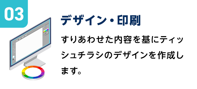 デザイン・印刷|すりあわせた内容を基にティッシュチラシのデザインを作成します。