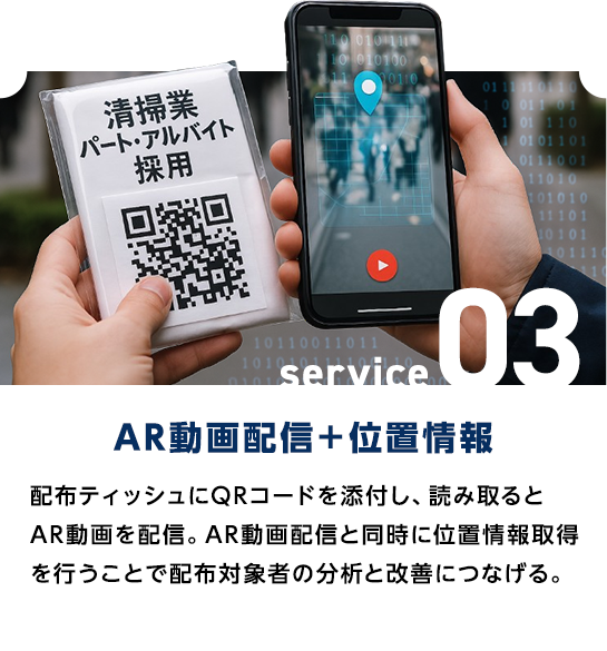AR動画配信＋位置情報|配布ティッシュにQRコードを添付し、読み取るとAR動画を配信。AR動画配信と同時に位置情報取得を行うことで配布対象者の分析と改善につなげる。